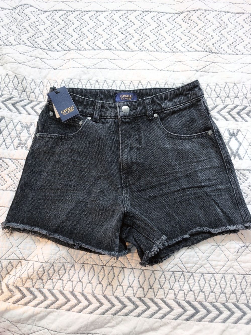 Roberto Cavalli Class High Rise Frayed Hem Washed Black Grey Denim Jean Shorts
